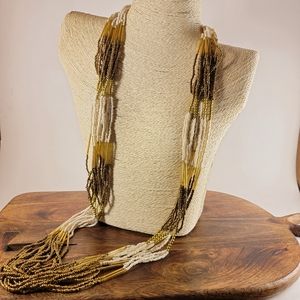 Gold White Seed Bead Strand Necklace